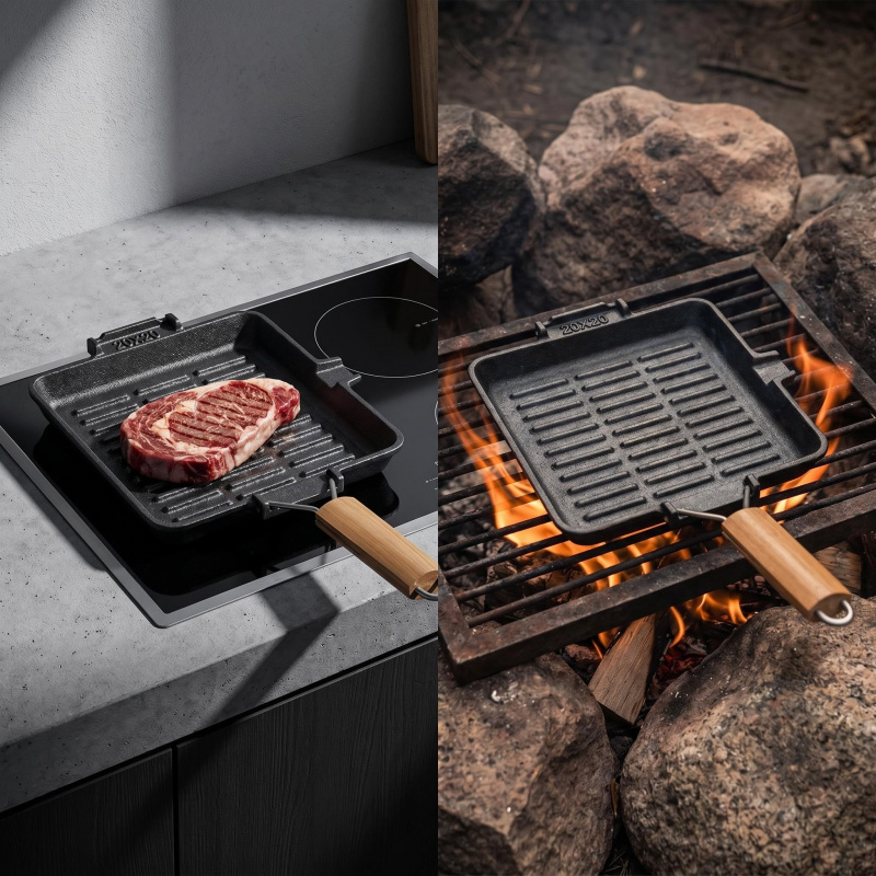Foldable wooden handle Square  - Cast Iron Skillet บทวิจารณ์และราคา