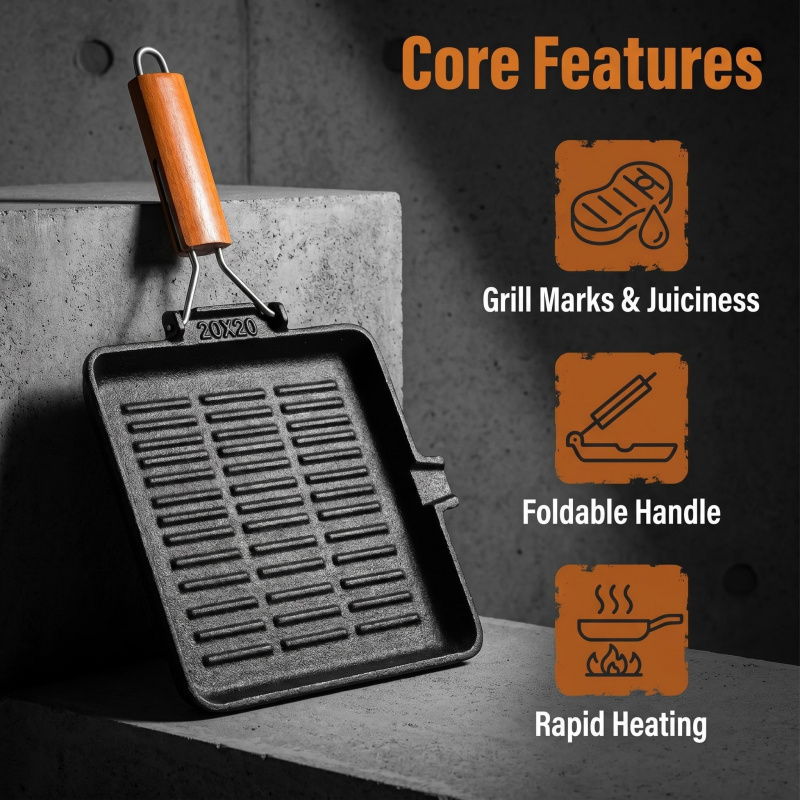 Foldable wooden handle Square  - Cast Iron Skillet บทวิจารณ์และราคา