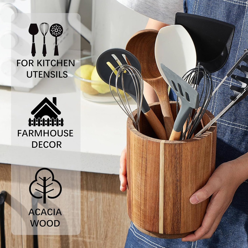 Acacia Wood Utensil Holder for - Kitchen Utensil Holder บทวิจารณ์และราคา